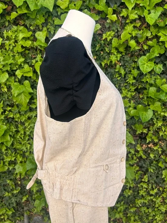 Vintage 70s Pantsuit High Waist Wide Leg Flared Cotton Textured Cream Neutral - Picture 8 of 12